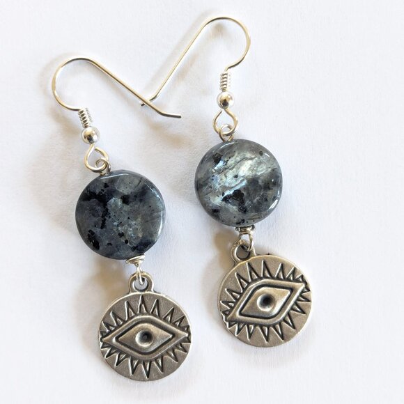 Boho Sterling Silver Grey Larvikite Evil Eye Dangle Earrings - Picture 2 of 3